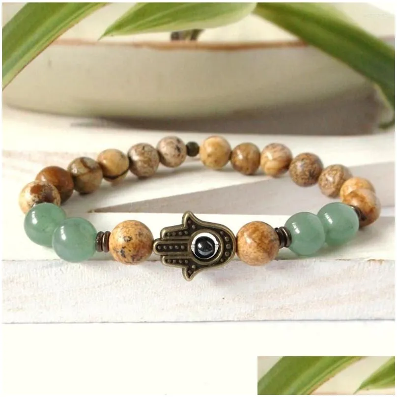 Beaded Strand Hamsa Green Aventurine Men Bracelet Hand Natural Stone Yoga Mala 3.5 Drop Delivery Jewelry Bracelets Dhq0A