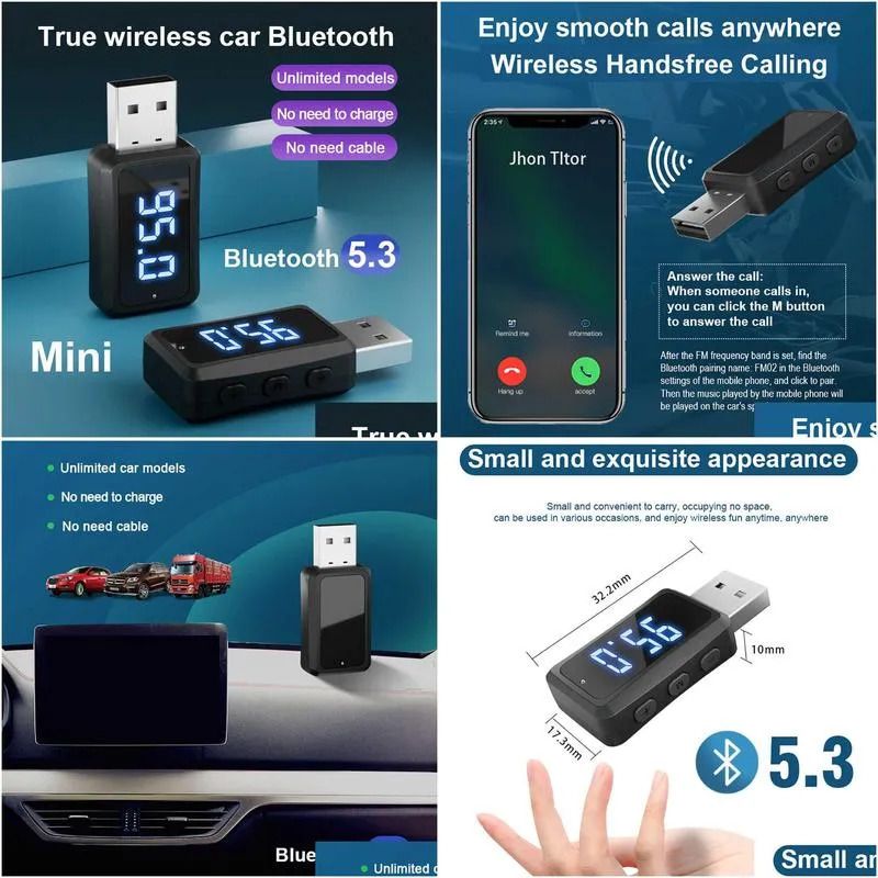 Car Other Auto Electronics New Mini Bluetooth 5.3 Usb Fm Transmitter Receiver With Led Display Hands Call Kit Wireless O For Drop Deli Dhvkc