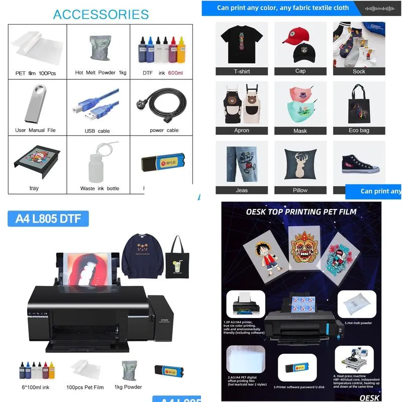 Printers A4 Dtf Printer L805 Tshirt Printing Hine Pet Film Converted Direct Transfer For Textile Fabric Hoodies Drop Delivery Dhqe3