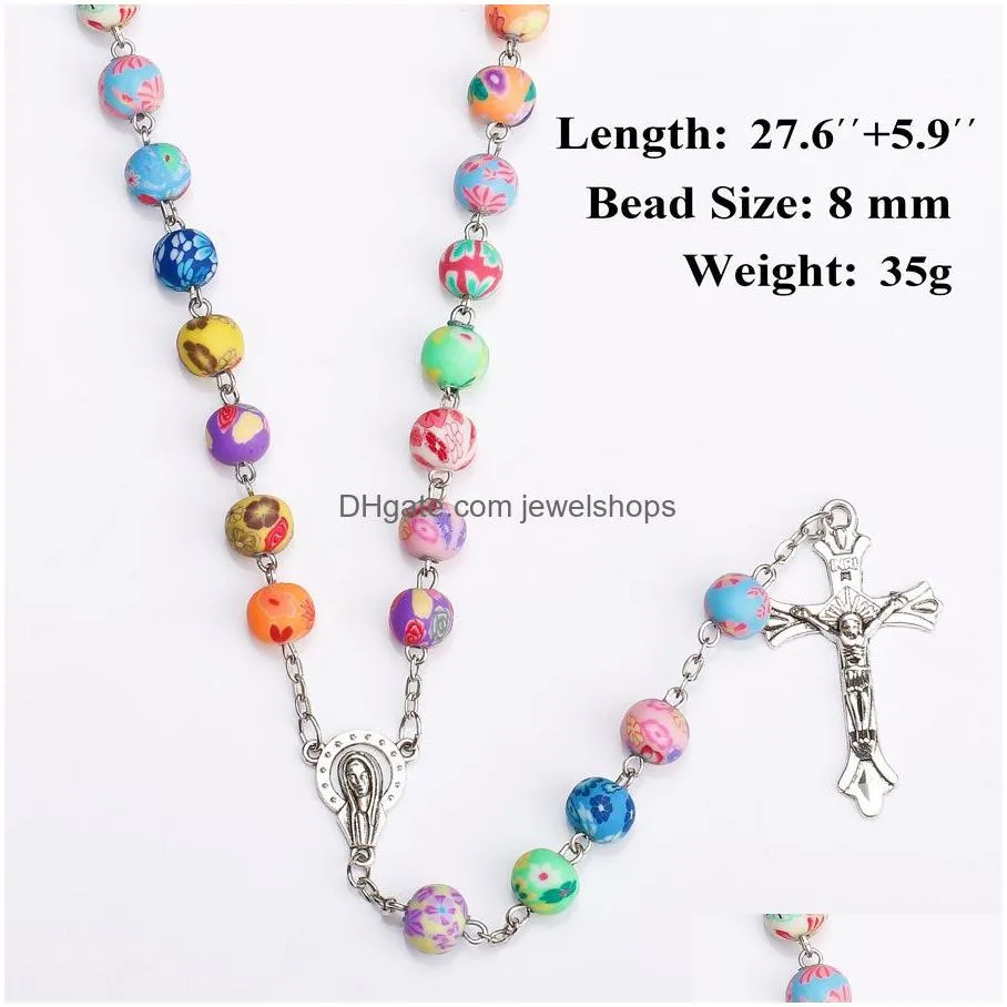 Pendant Necklaces New Relin Cross Pendant Rosary Necklaces For Women Colorf Soft Y Beads Long Chain Virgin Mary Jewelry Drop Delivery Dhnmf