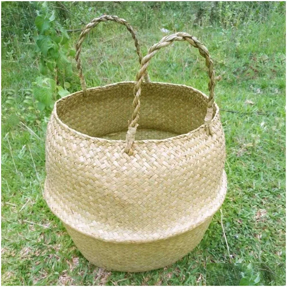 Storage Baskets Household Foldable Natural Seagrass Woven Storage Pot Garden Flower Vase Hanging Handle Bellied Basket Drop 210609 Dro Dho5K