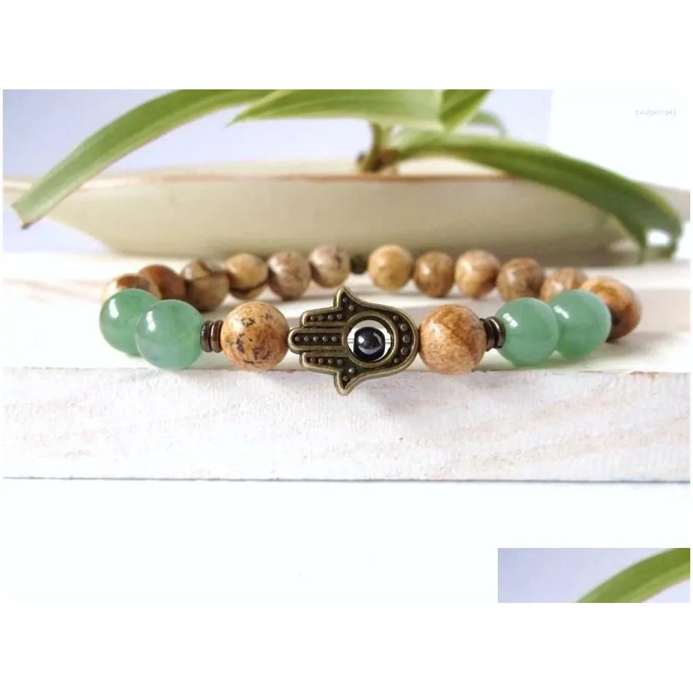 Beaded Strand Hamsa Green Aventurine Men Bracelet Hand Natural Stone Yoga Mala 3.5 Drop Delivery Jewelry Bracelets Dhq0A