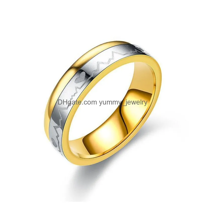 Band Rings Ecg Love Heartbeat Ring Band Stainless Steel Contrast Color Gold Rings Couple For Women Men Fashion Jewelry Gift Will And Dhjuz