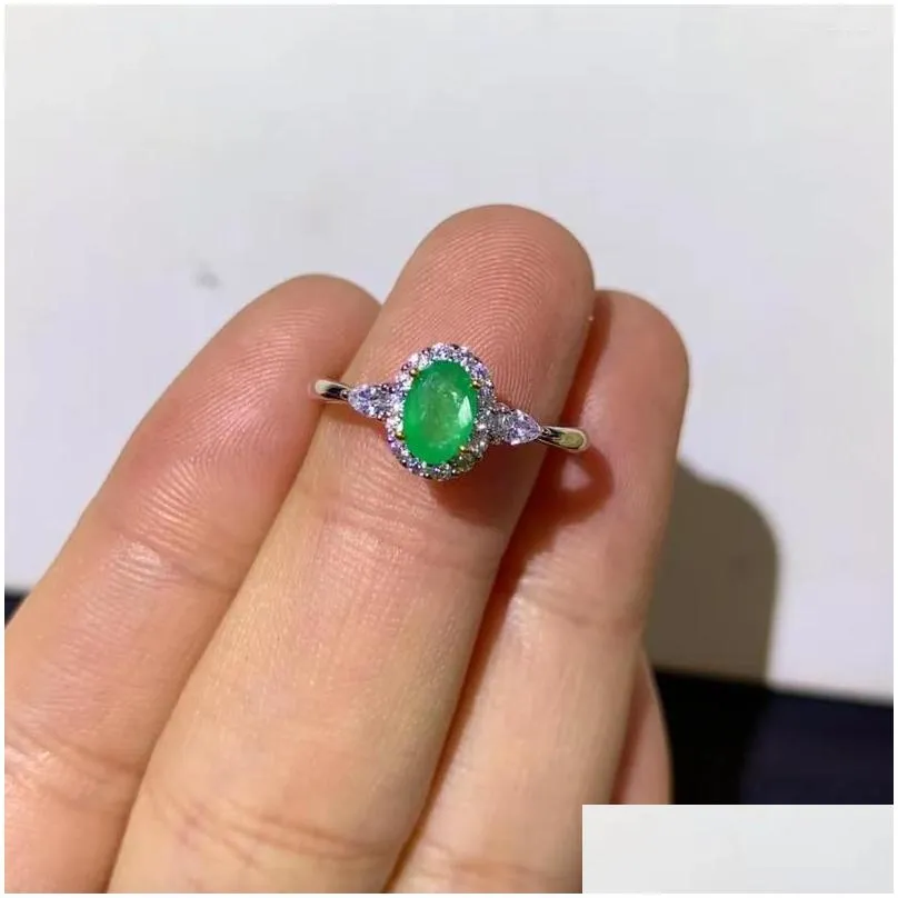 Cluster Rings 925 Pure Sier Chinese Style Natural Emerald Womens Classic Oval Two Color Adjustable Gem Ring Fine Jewelry Support De D Dhdvy