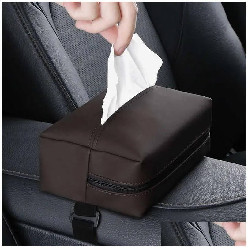 Car Organizer New Car Tissue Box Holder Nappa Leather Center Console Armrest Napkin Sun Visor Backseat Case With Fix Drop Delivery Aut Dhp87