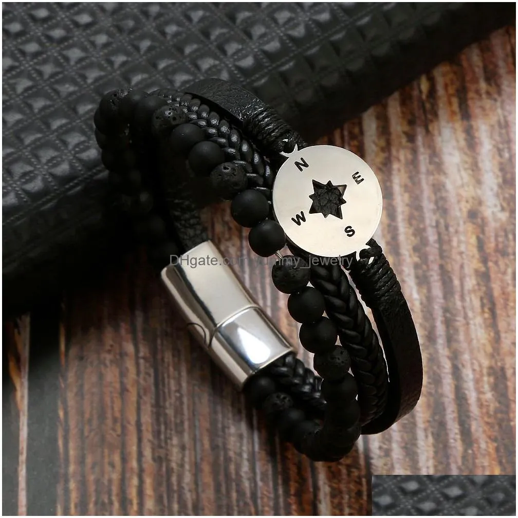 Charm Bracelets Stainless Steel Magnetic Clasp Compass Charm Tiger Eye Beaded Bracelet Mti Layer Genuine Braided Leather Bracelets Ba Dhah4