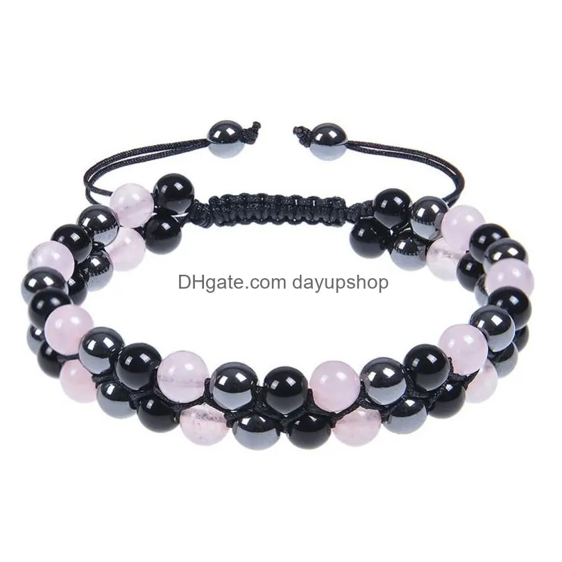 Chain 6Mm 8Mm Rose Quartz Hematite Obsidian Double Layer Braided Bracelet Natural Stone Crystal Couple Adjustable Bracelets Bangle Cu Dhi8Z