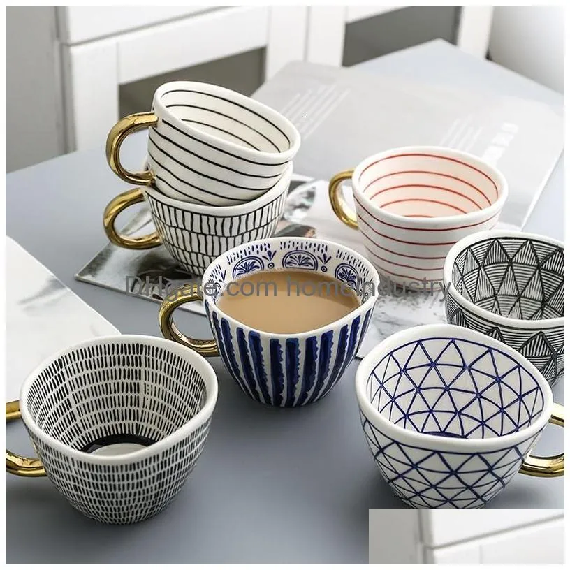 Mugs Hand Painted Geometric Ceramic With Gold Handle Handmade Irregar Cups For Coffee Tea Milk Oatmeal Creative Birthday Drop Deliver Dh0X2