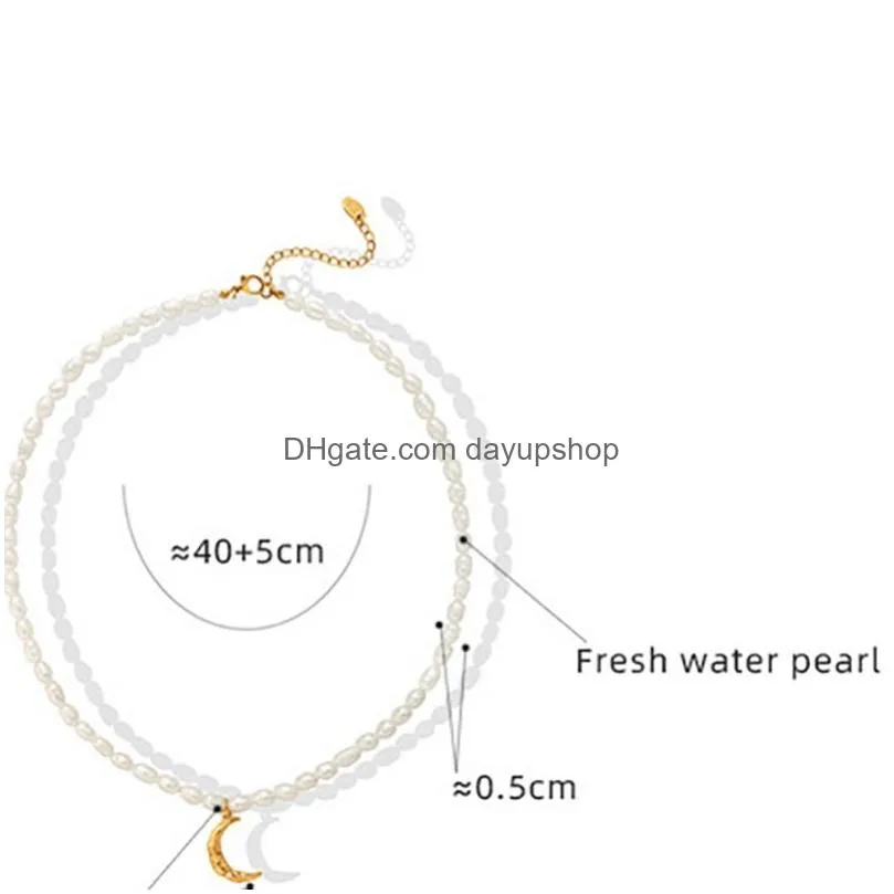 Pendant Necklaces Natural Freshwater Pearl Clavicle Chain Beads Necklace Stainless Steel Gold-Plated Moon Pendant Necklaces Women Fash Dhpfo