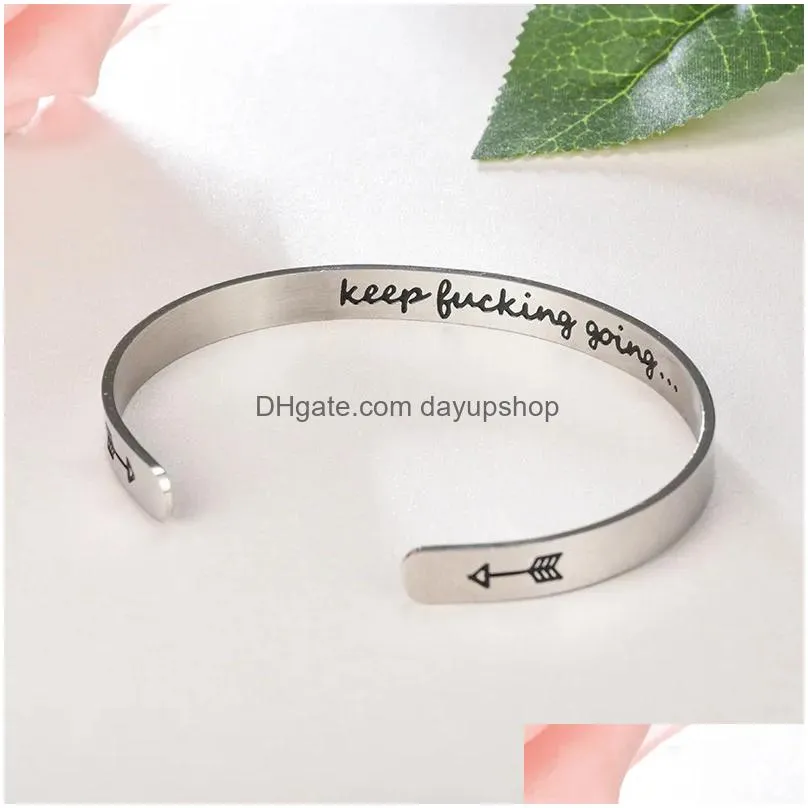 Bangle Update Stainless Steel Open Bracelet Bangle Letter Inspirational Keep Going Wristband Cuff Women Men Drop Delivery Jewelry Bra Dha72
