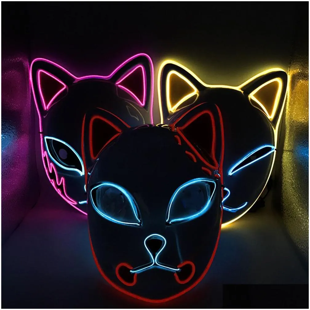Other Led Lighting Halloween Led Glowing Mask Demon Slayer Cold Light Fox Luminous Cat Face Cosplay Props Decoration Supplies Drop Del Dhta7