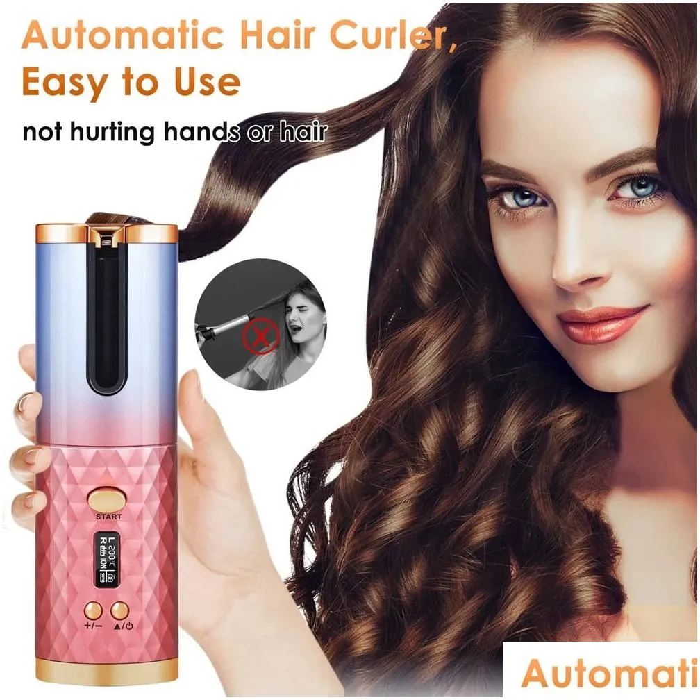 automatic hair curler curly machine ceramic cordless rotating curling iron waver wand curlers usb charging led 240226