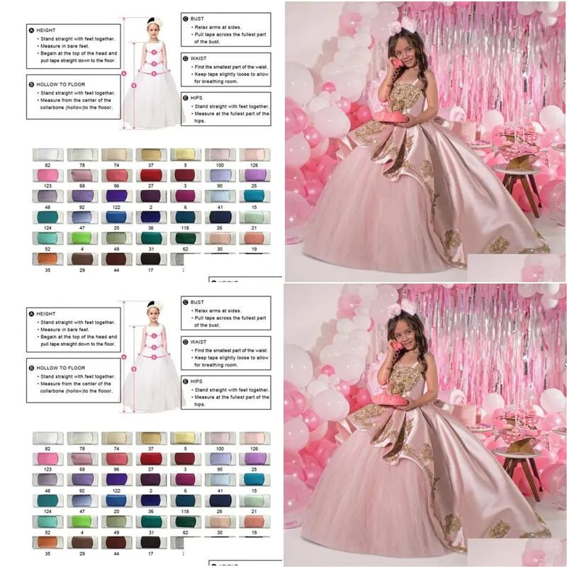 Girl`S Dresses Girls Dresses Pink Beaded Ball Gown Pageant Spaghetti Straps Princess Flower Girl Dress Satin Appliqued First Communion Dhlqf