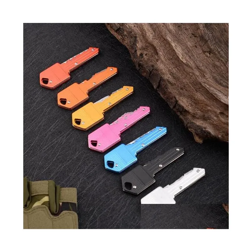 10 colors mini folding knife keychain outdoor gadgets key shape pocket fruit knifes multifunctional tool key chain saber swiss self-defense