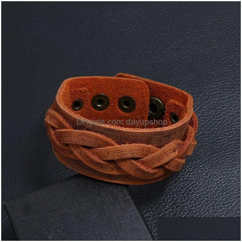Bangle Weave Ethnic Braid Leather Bangle Cuff Button Adjustable Bracelet Wristand For Men Women Fashion Jewelry Drop Delivery Jewelry Dhdfk