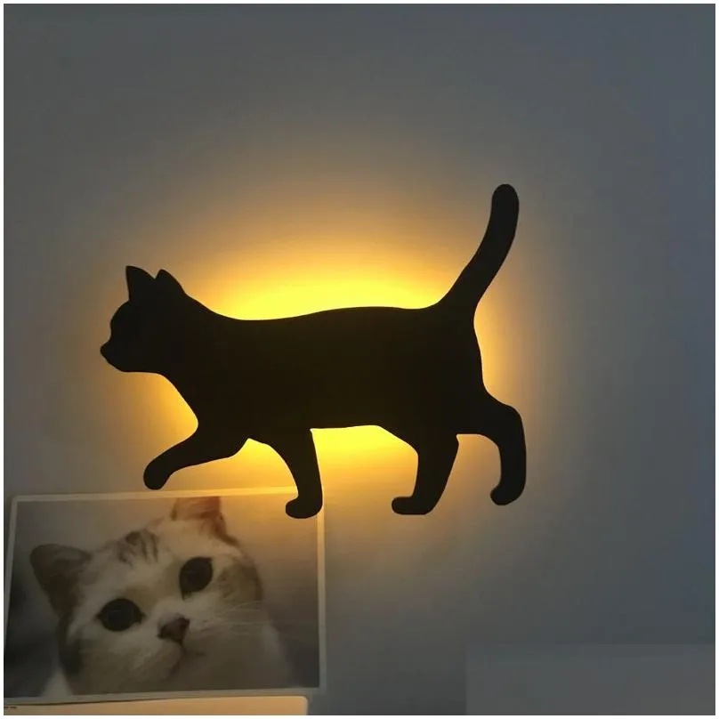 Wall Lamps Cat Wall Lamp Mini Cartoon Animal Dog Silhouette Led Kids Bedroom Decor Voiceaddlight Sensor Emergency Night Lights Drop De Dhv1V