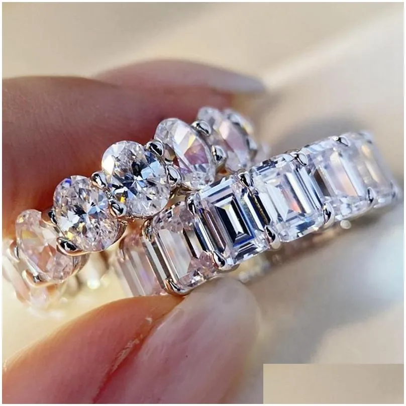 Wedding Rings Fashion Personality Emerald Cut Moissanite Row Ring Trendy Bands Women Geometric Drop Delivery Dh0Uo