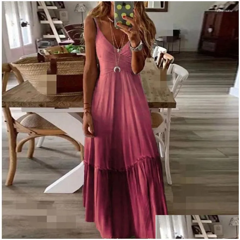 Basic & Casual Dresses Casual Dresses Summer Spring Women Ladies Long Loose Gradient Sling Dress V-Neck Fashionable One Piece Sleevel Dhtyp