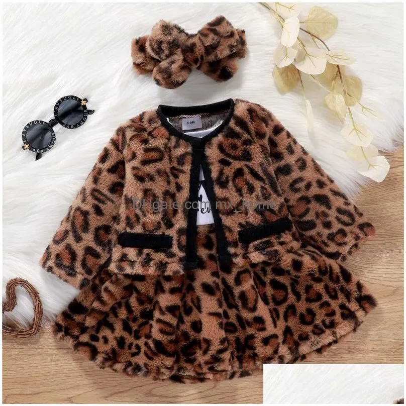 2021 winter kids clothes sets toddler kid baby girls leopard warm full sleeve top coatwork letter knee-length dress headband set 3pcs