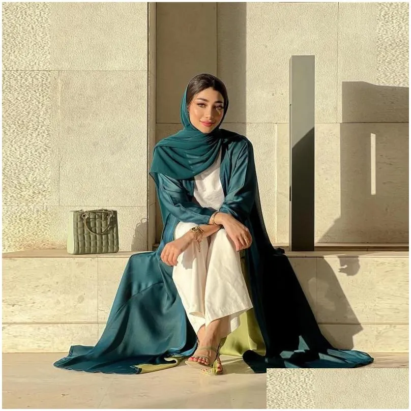 Ethnic Clothing Fashion Dubai Chiffon Contrast Color Open Abaya For Female Kuwaiti Arab Comfortable Casual Marocain Islamic Drop Deli Dh5Js