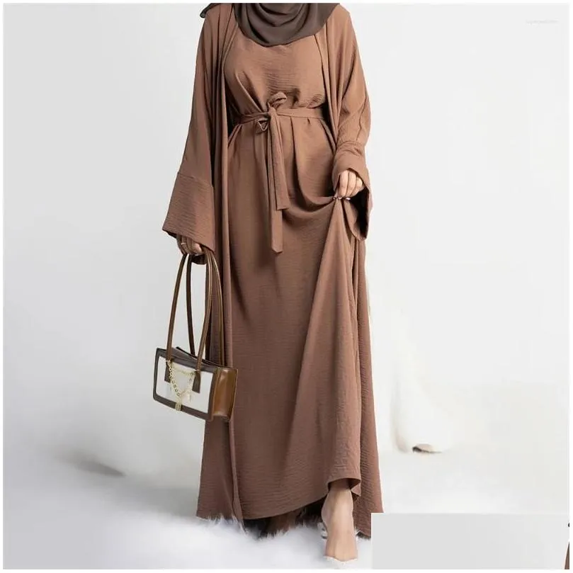 Ethnic Clothing Morocco Caftan Muslim Abaya Women Sleeveless Dress Set 2 Piece Gown Dubai Kimono Cardigan Robe Abayas Eid Ramadan Dro Dhn03