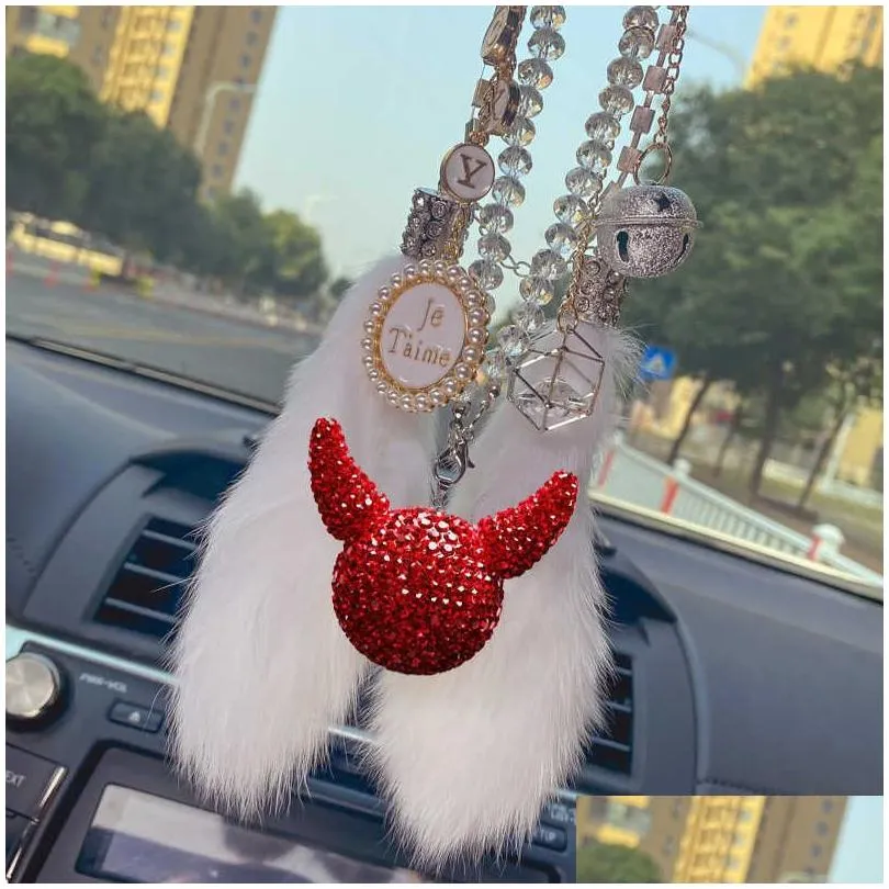 Other Interior Accessories New Rhinestone Crystal Fl Ball Car Pendant Cute Cartoon Devil Head Bling Mirror Hanging Accessories Girls F Dhrnu