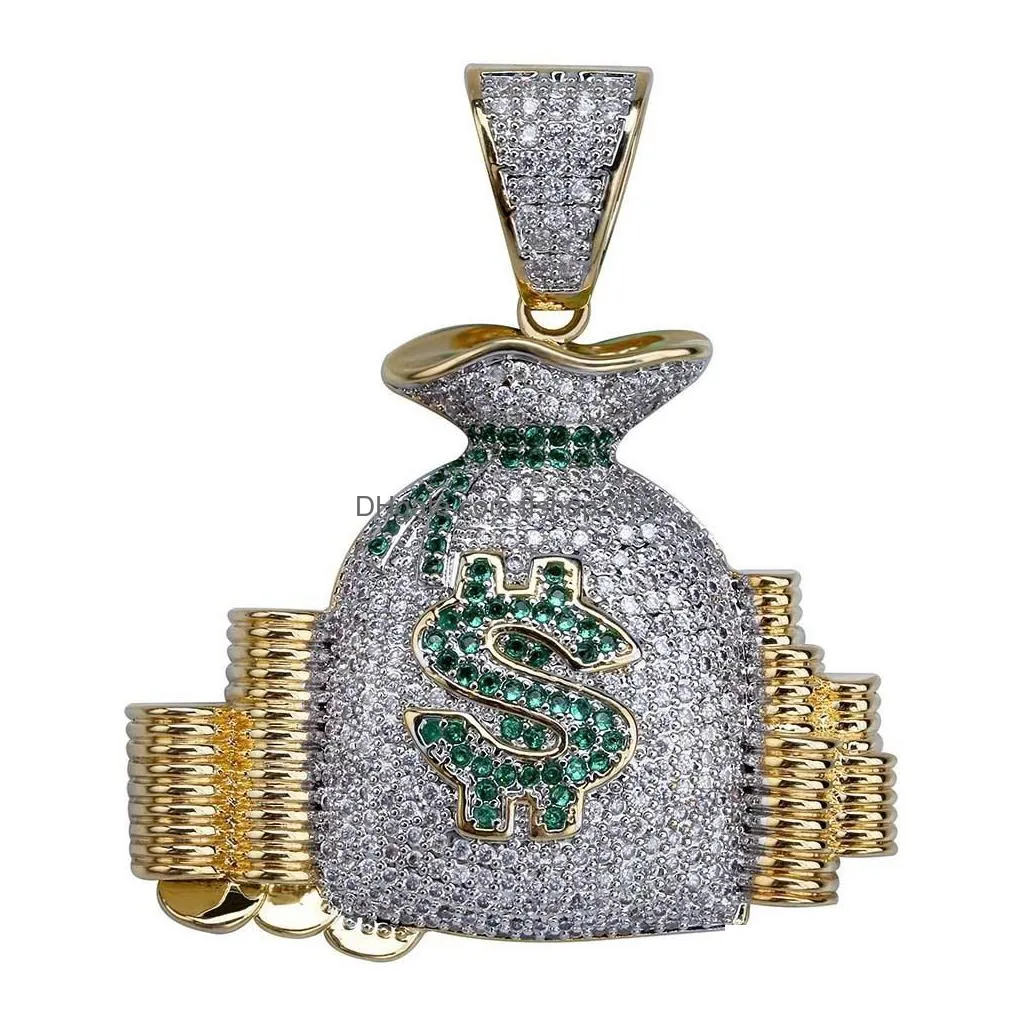  cz money bag pendant necklace gold color plated micro paved cubic zirconia punk jewelry for men