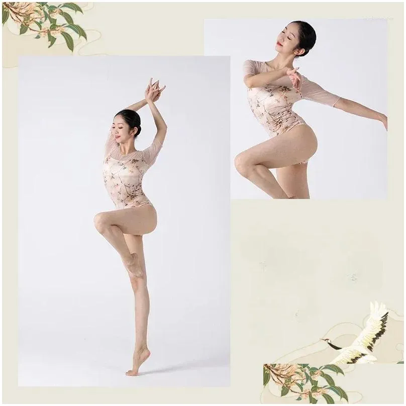 Stage Wear Ballet Dance Leotards For Women Mid Sleeve Floral Pattern Classical Swimwear Strap Irregar Apron Skirts Set Drop Delivery Dhzqo