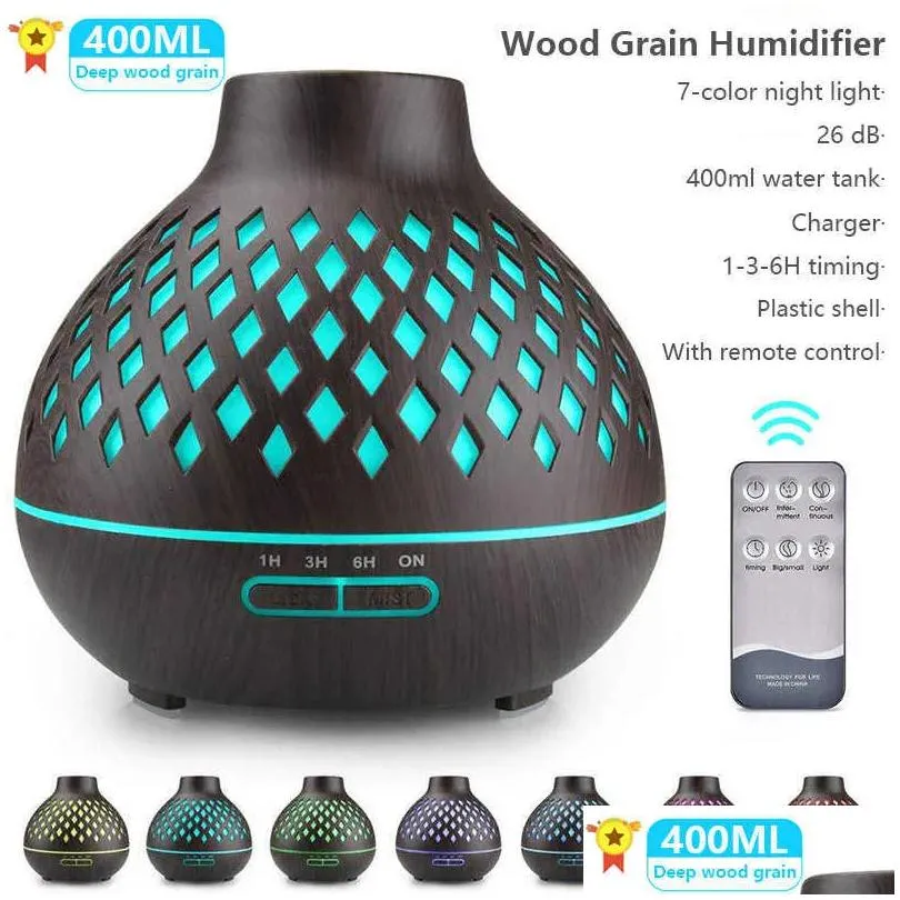 Essential Oils Diffusers 400Ml Led Trasonic Air Humidifier Diffuser Essential Aroma Wooden Grain Exquisite Therapy Purifier With Romte Dhtdy