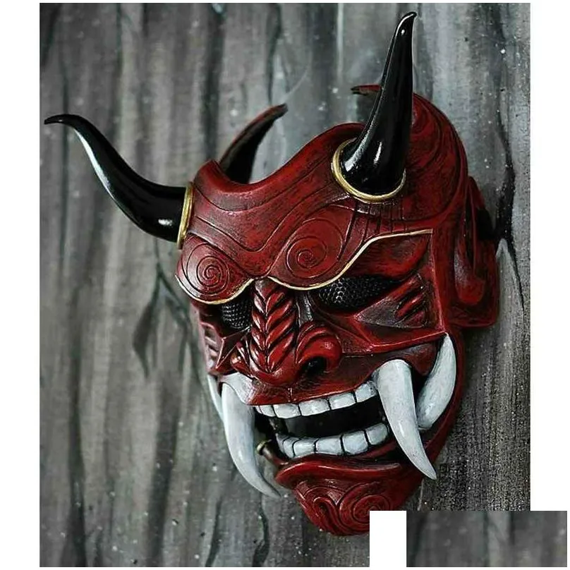 Party Masks Halloween Face Hannya Demon Oni Samurai Noh Kabuki Red Prajna Cow Devil Latex Adt Uni With Rope Horns 220826 Drop Deliver Dhc7P