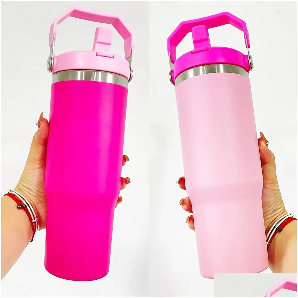 Mugs Large Capacity Leak Proof Double Walled Stainless Steel Flamingo St 30 Oz Tumbler With Handle Laser Engrave Etch Water Bottle Out Dhlxa