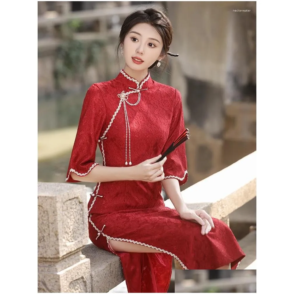 Ethnic Clothing Fzslcyiyi Red Vintage Flare Sleeve Chiffon Women Qipao Chinese Mandarin Collar Femme Lace Cheongsam Drop Delivery Dhxwz