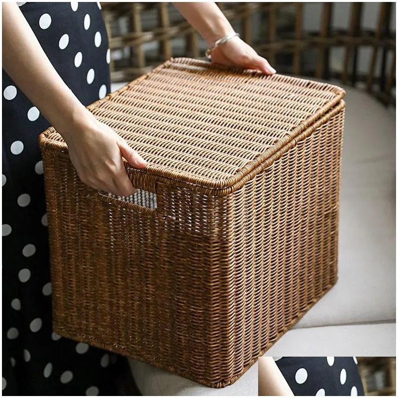 Storage Baskets Woven Basket With Lid Plus Size Sundries Dustproof Organizer Box Large Bins Cabinet Wardrobe Drop Delivery Dhqfb