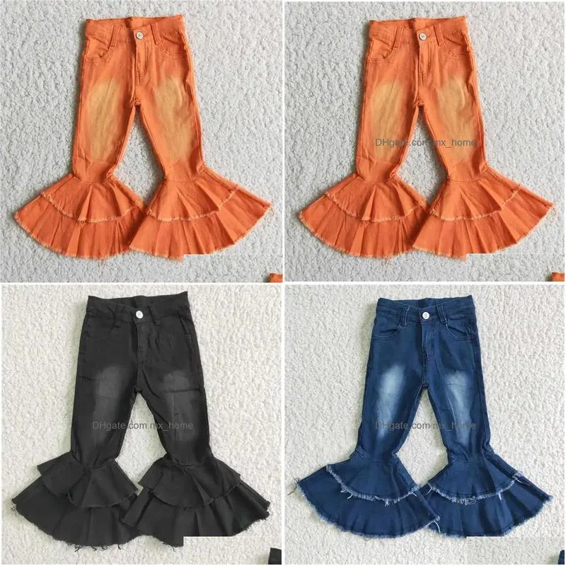 trousers wholesale girls autumn and winter double layer denim bell pants bleached elements bright ruffle