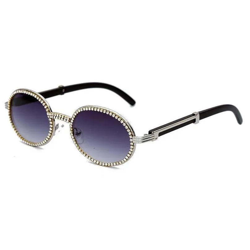 Fashion Sunglasses Frames Vintage Round Iced Out Hip Hop Sunglasses Men Luxury Women Oval Crystal Wood Punk Glasses Fashion Eyewear F Dh17C