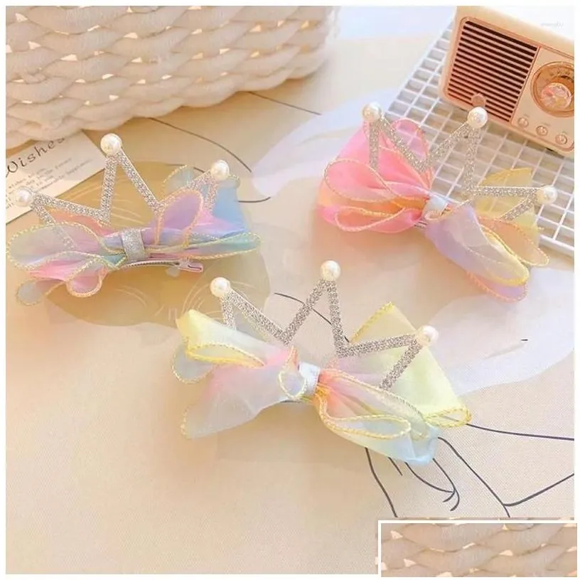 Hair Accessories Gradient Crown Barrettes Bow Imitation Pearl Cute Clip Children Girl Hairpin Korean Style Accessory Drop Delivery Ba Dhc5Z