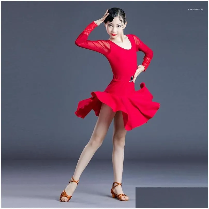 Stage Wear Latin Dance Dress For Girls Cha Performance Costume Long Sleeves Lace Kids Ballroom Dancing Clothes Black Red Dnv16734 Dro Dhy8I