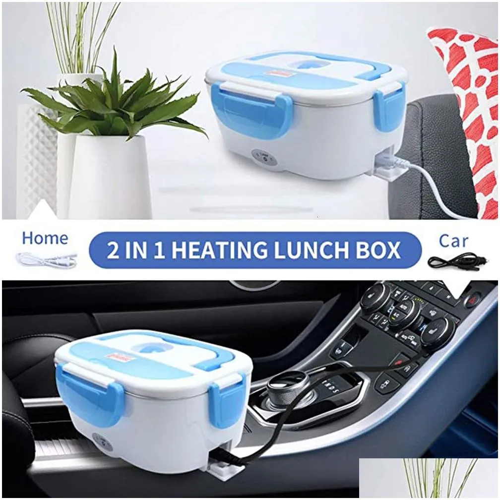 Bento Boxes Portable Electric Heated Lunch Box Carhome 2-In-1 12V-24V 110V Stainless Steel Lined Food Container Drop Delivery Dhagr