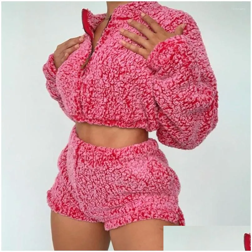 Women`S Two Piece Pants Womens Two Piece Pants 2Pcs Y Fluffy Suits P Hoodies Sleepwear Shorts Tops Women Tracksuit Casual Sports Set Dh5Xf