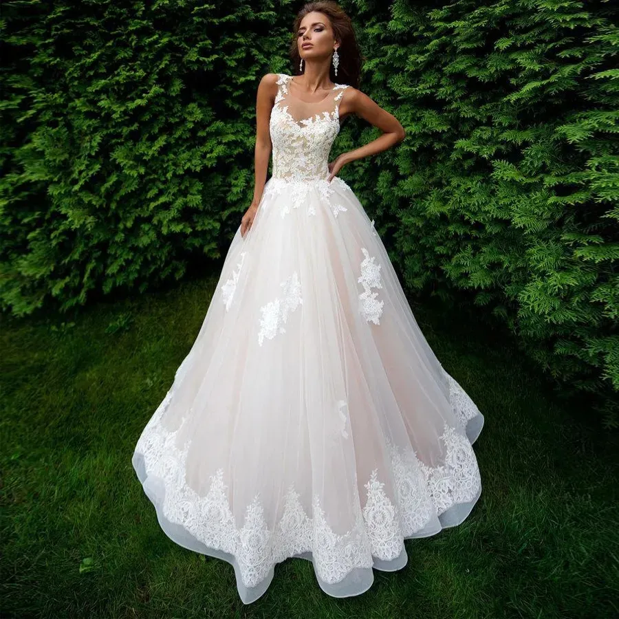 High Quality Champagne and Ivory Sheer Top Wedding Dresses Floor length A-Line Applique Bridal Gown Vestido De Noiva Robe De Mariage