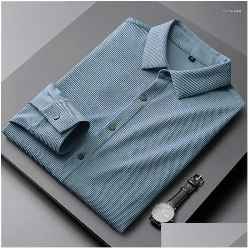Men`S Casual Shirts Mens Casual Shirts Spring Four-Sided Stretch Shirt Long Sleeve Non-Ironing Anti-Wrinkle Business Slim Striped Dro Dhs6L
