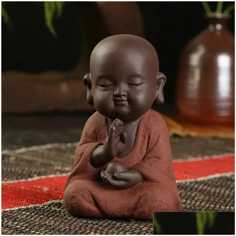 Tea Pets Buddha Statues Small Monk Color Sand Ceramic Home Club Geomantic Decoration Purple Figurines Pet 231216 Drop Delivery Dhyj1