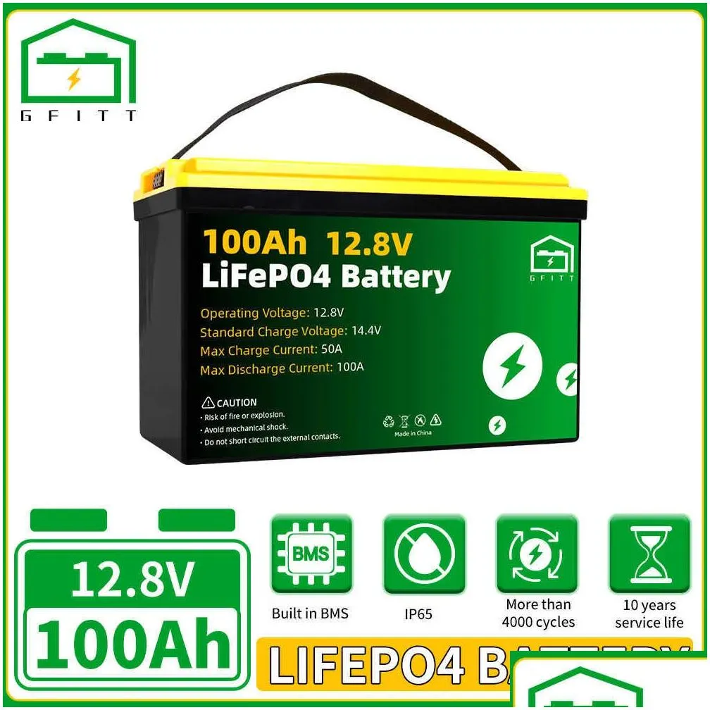 Batteries 12V 100Ah Lifepo4 Battery Pack 1280Wh Built-In Bms 12.8V Solar Energy Storage System For Rv Boat Golf-Cart Eu Us Tax Exempti Dhtg5