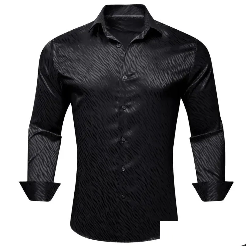 Men`S Casual Shirts Mens Casual Shirts Luxury Silk For Men Satin Black Solid Long Sleeve Slim Fit Regualr Male Blouse Formal Tops Bar Dhkb6