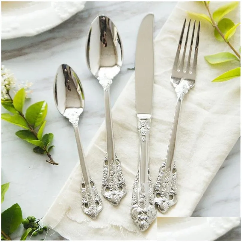 Dinnerware Sets Vintage Western Cutlery 24Pcs Dining Knives Forks Teaspoons Set Stainless Steel Luxury Dinnerware Engraving Tableware Dhbhi