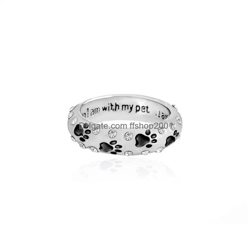 fashion metal rhinestone hand stamped paw printwhen i am with my petdog animal pet rings foot print pet
