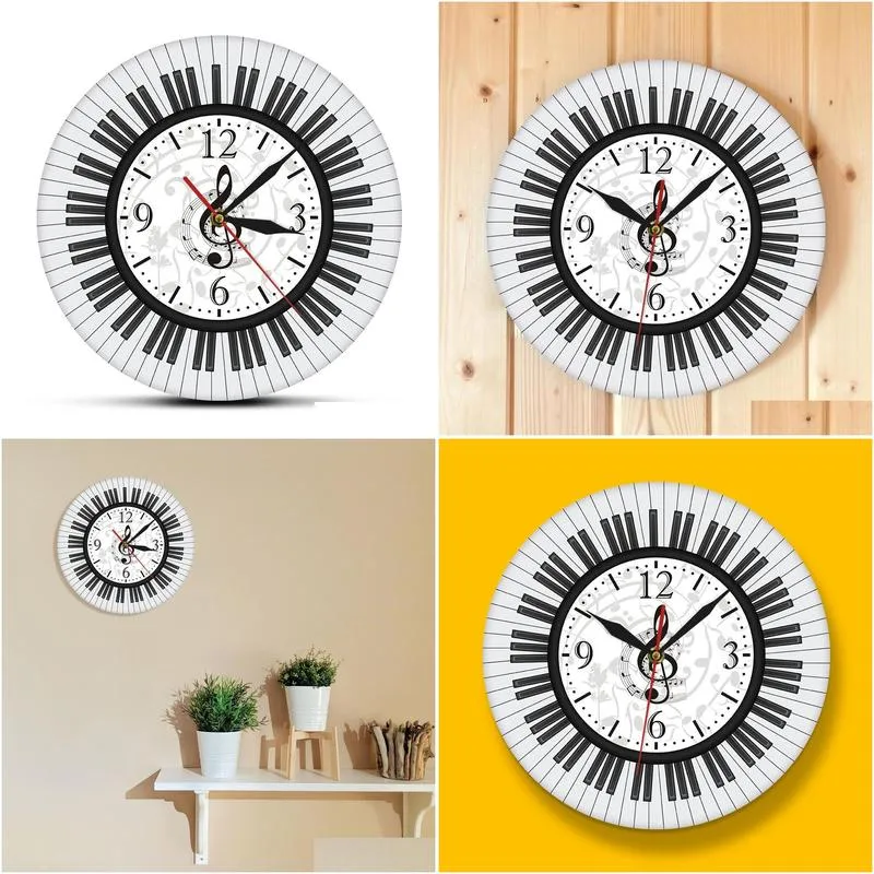 Wall Clocks Piano Keyboard Treble Clef Wall Art Modern Clock Musical Notes Black And White Watch Music Studio Decor Pianist Gift Y2001 Dhl9I