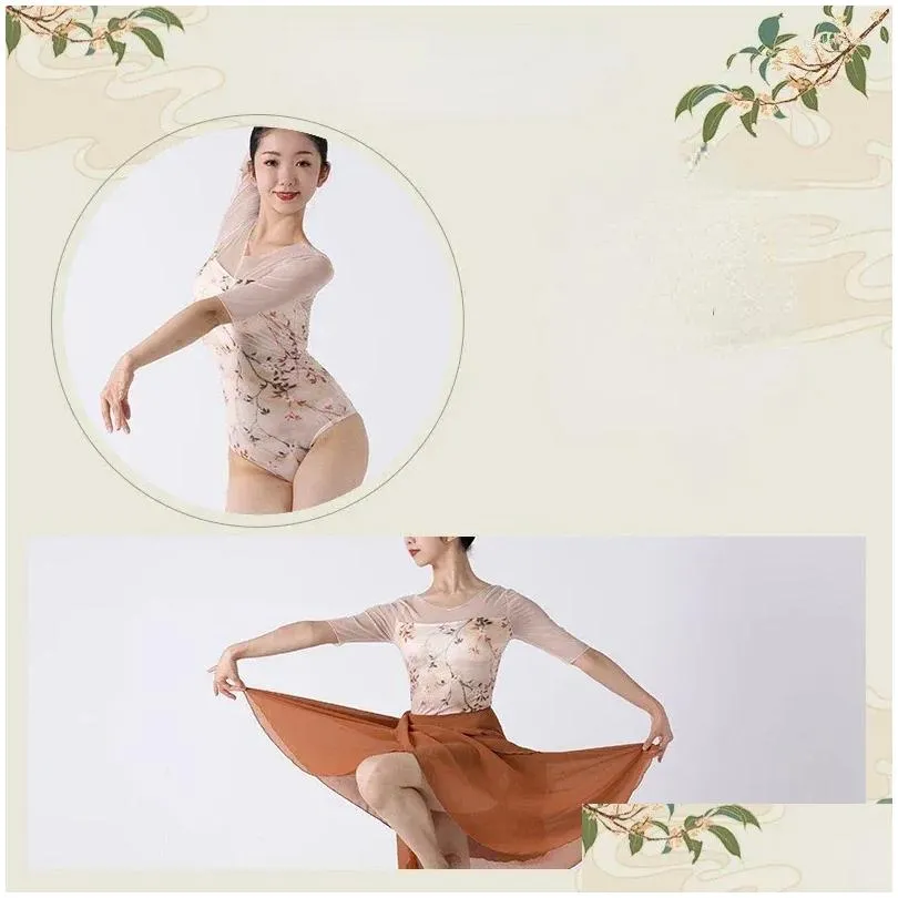 Stage Wear Ballet Dance Leotards For Women Mid Sleeve Floral Pattern Classical Swimwear Strap Irregar Apron Skirts Set Drop Delivery Dhzqo