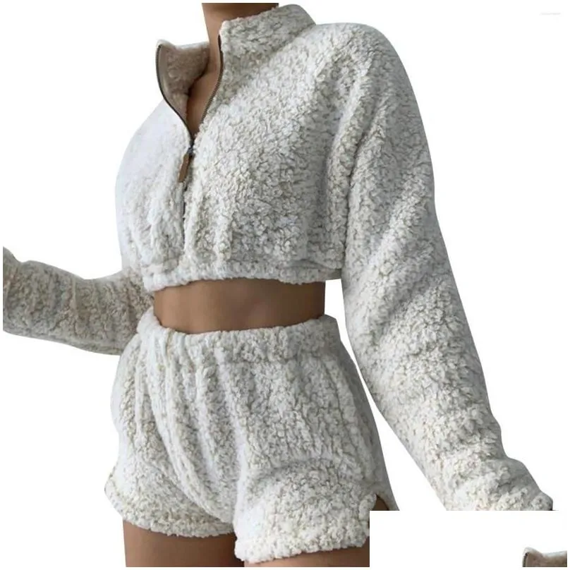 Women`S Two Piece Pants Womens Two Piece Pants 2Pcs Y Fluffy Suits P Hoodies Sleepwear Shorts Tops Women Tracksuit Casual Sports Set Dh5Xf