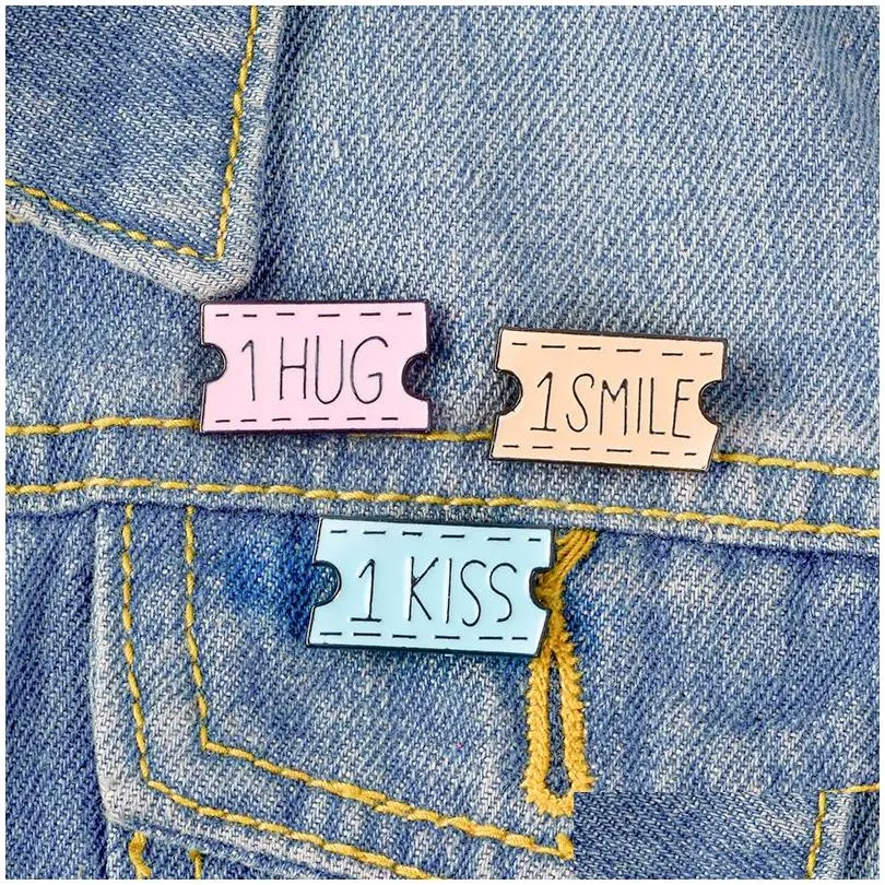 Pins, Brooches Ticket Hug Kiss Words Lapel Pins Badges Brooches Men Women Girls Cute Summer Funny Jewelry Cartoon Accessories Drop De Dheua